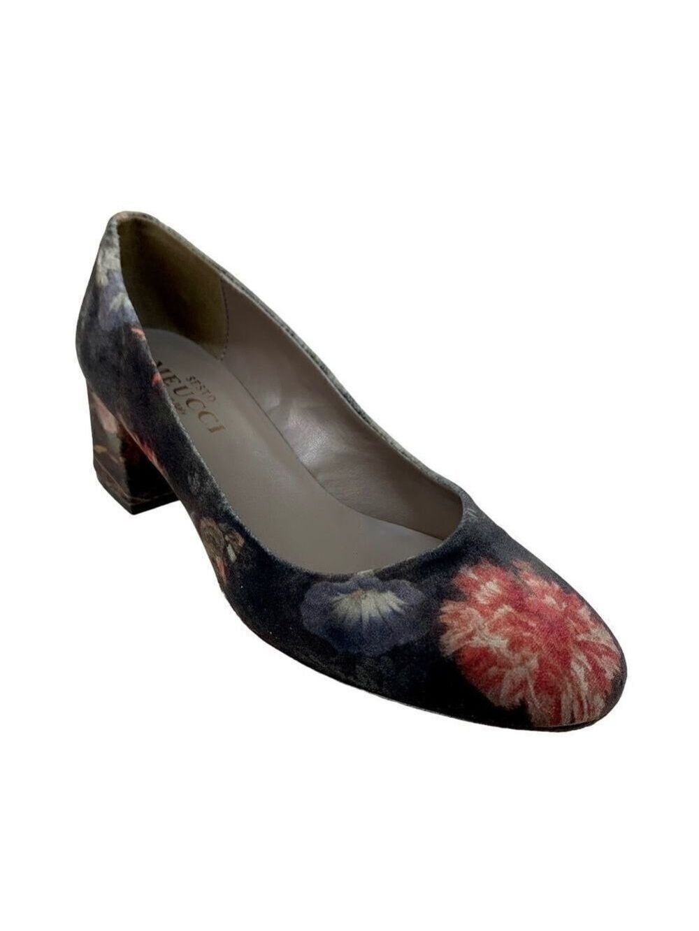 🔵Sesto Meucci Mietta Floral Velvet Multicolor Block Heel Pumps Heels 6.5 Gray